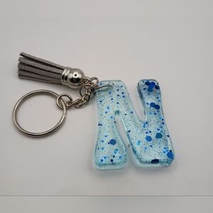 Blue Resin Initial N Keychain Glitter Speckled Charm with Gray Tassel